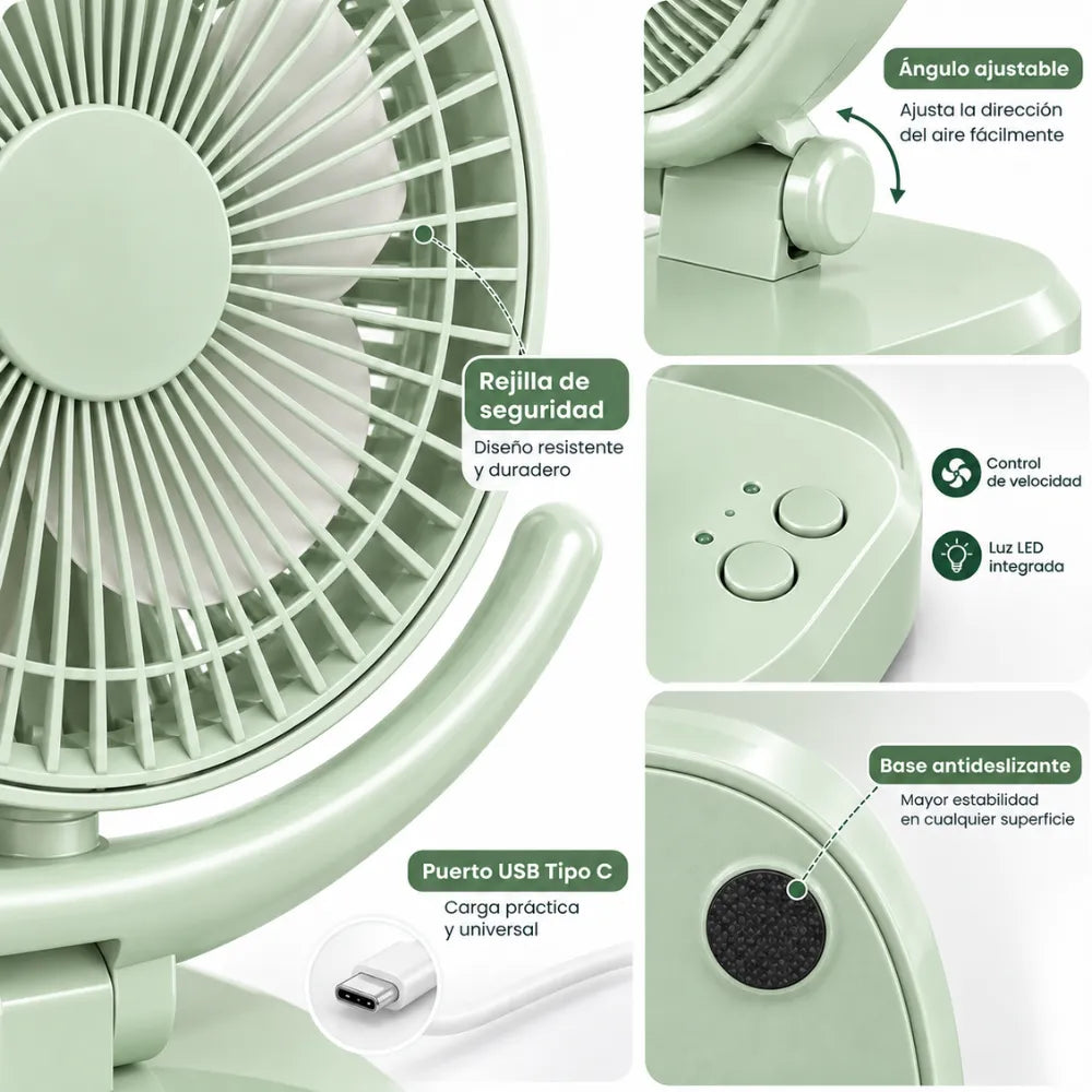 Ventilador Portátil Recargable USB Tipo C Luz LED 3 Velocidades