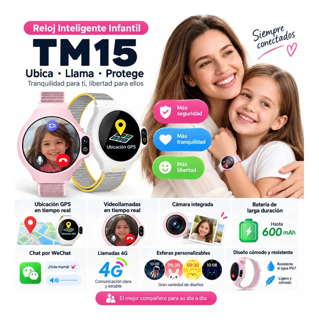 Reloj Inteligente Niños GPS 4G Videollamadas Botón SOS Cámara TM15