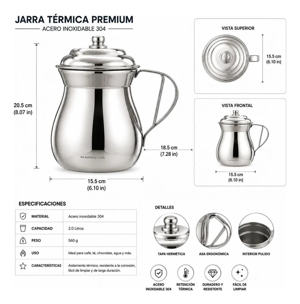 Olleta Chocolatera Acero Quirúrgico T304 2 Litros Tapa Lechera Botero