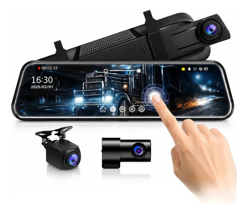 Espejo Retrovisor Cámara 3 Lentes DVR Táctil 9.66 Pulgadas 1080p Carro