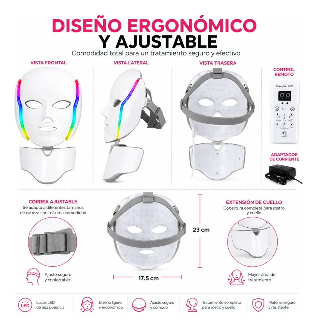Máscara LED Facial 7 Colores Hyiear Fototerapia Rostro Cuello 192 LED