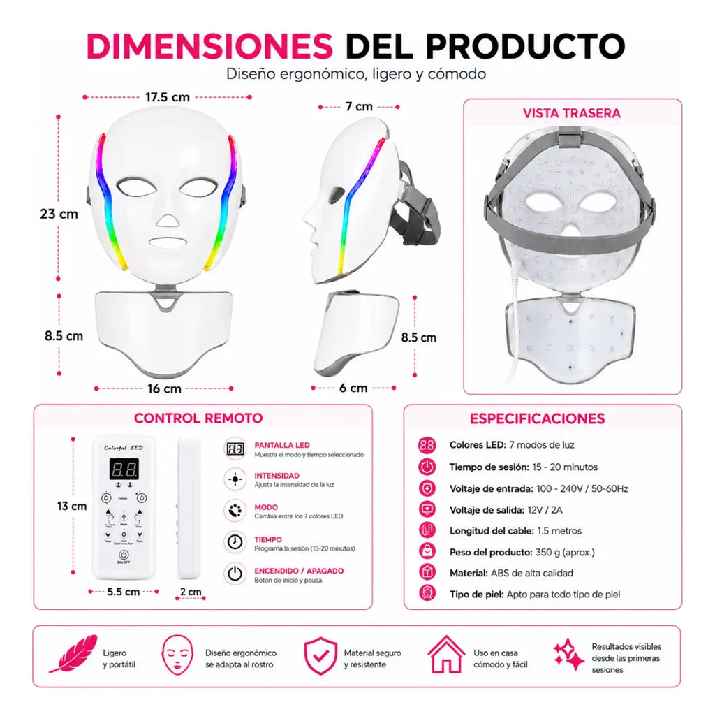 Máscara LED Facial 7 Colores Hyiear Fototerapia Rostro Cuello 192 LED