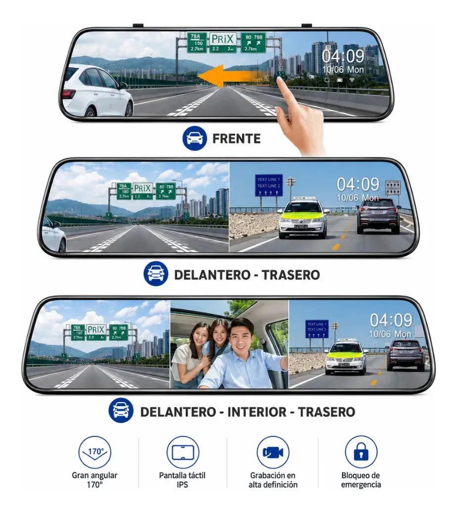 Espejo Retrovisor Cámara 3 Lentes DVR Táctil 9.66 Pulgadas 1080p Carro