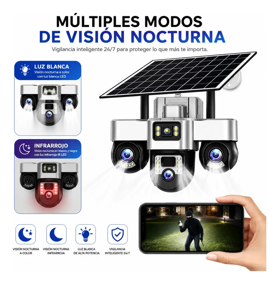 Cámara Seguridad Solar WiFi 3 Lentes PTZ 4K Seguimiento Automático