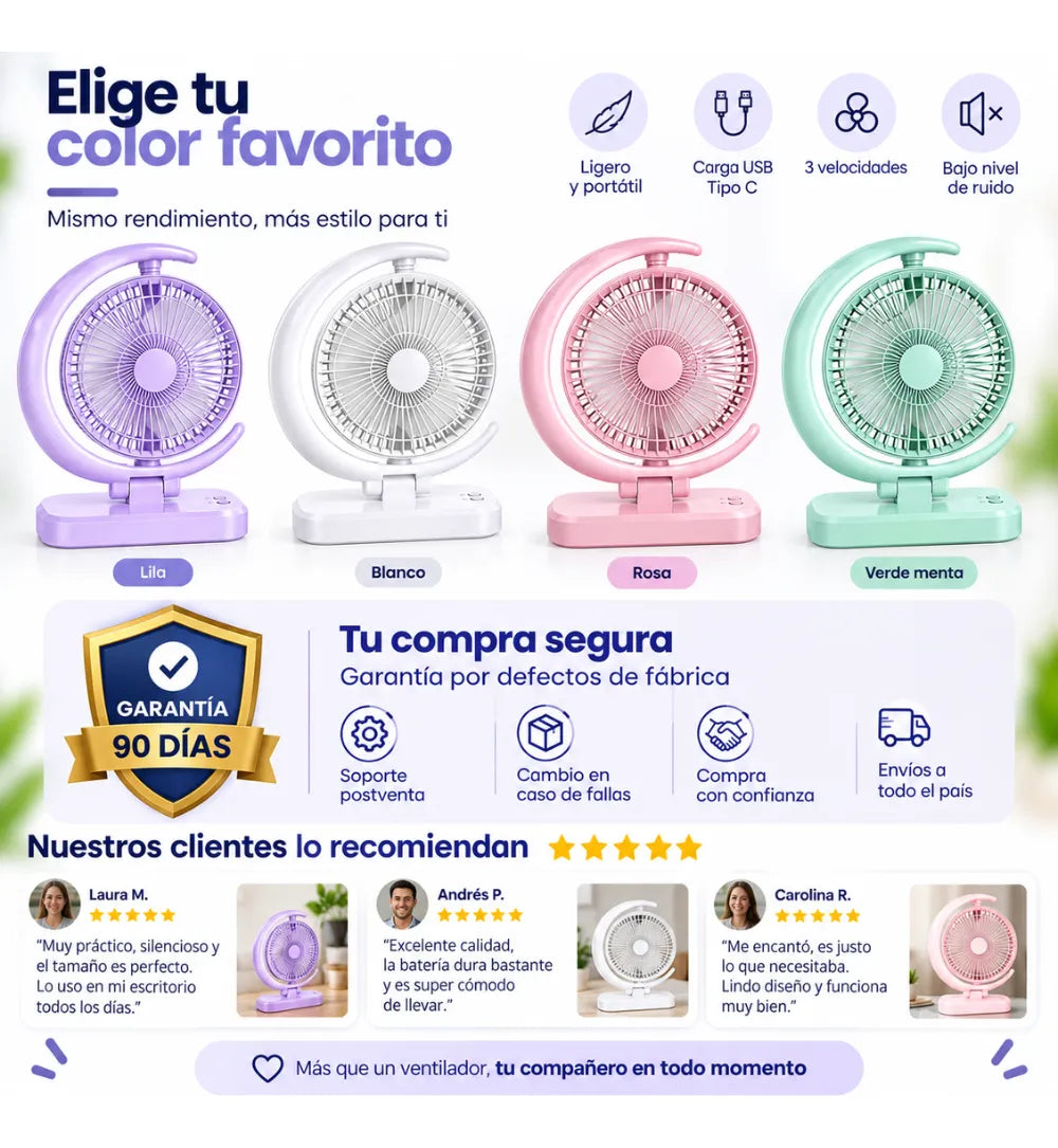 Ventilador Portátil Recargable USB Tipo C Luz LED 3 Velocidades