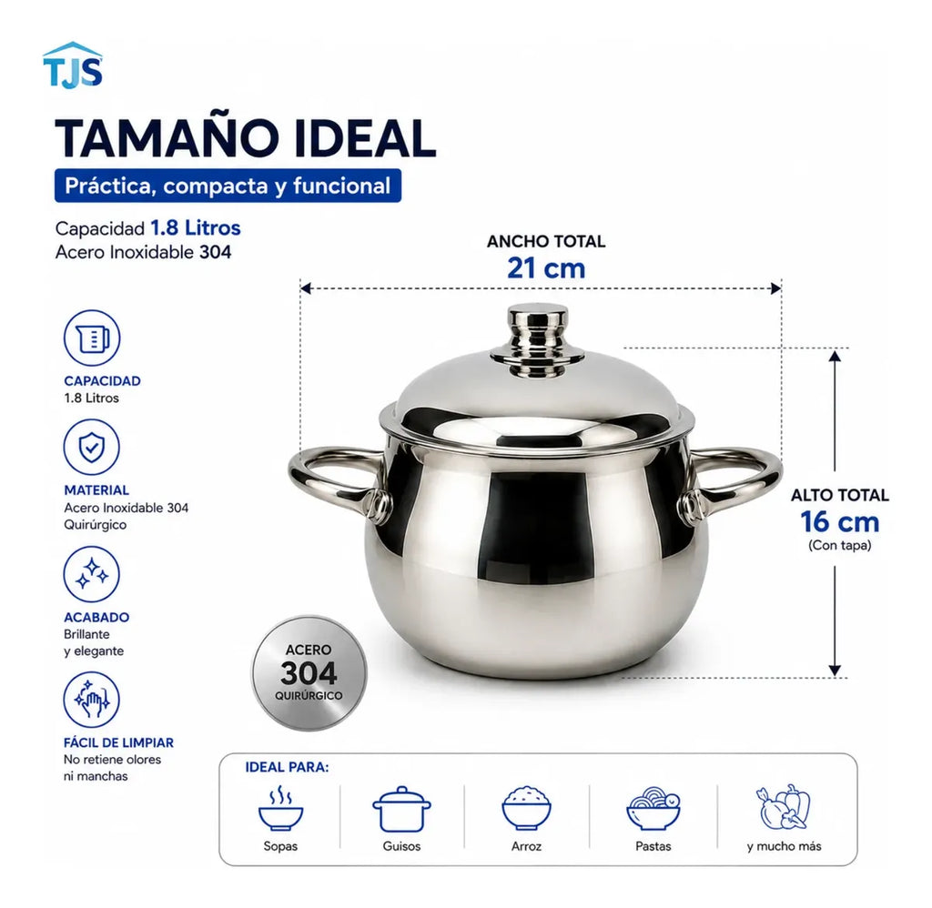 Olla Acero Inoxidable 304 Premium Perla 1.8 Litros Tapa Acabado Espejo