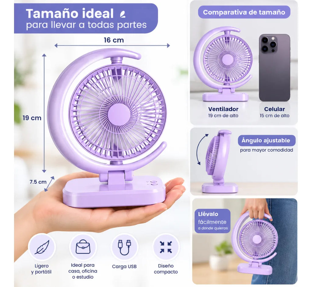 Ventilador Portátil Recargable USB Tipo C Luz LED 3 Velocidades