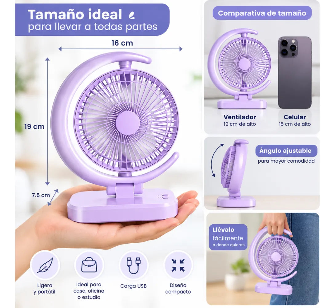 Ventilador Portátil Recargable USB Tipo C Luz LED 3 Velocidades