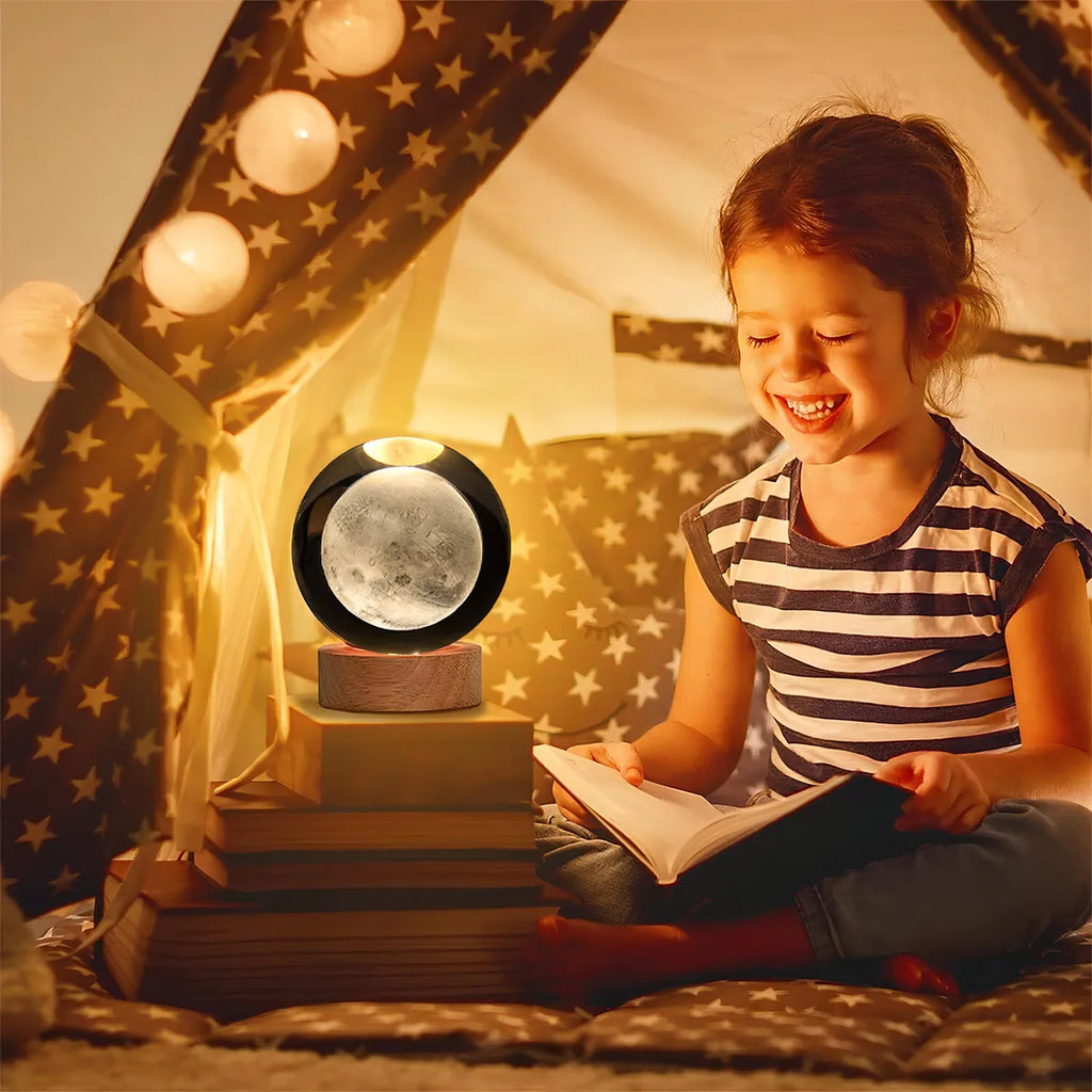 Lámpara Bola Cristal 3D Sistema Solar Luna LED Luz Cálida USB Regalo