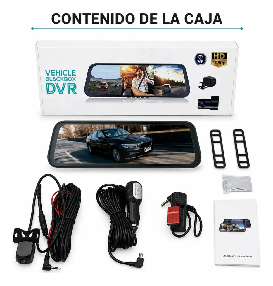 Espejo Retrovisor Cámara 3 Lentes DVR Táctil 9.66 Pulgadas 1080p Carro