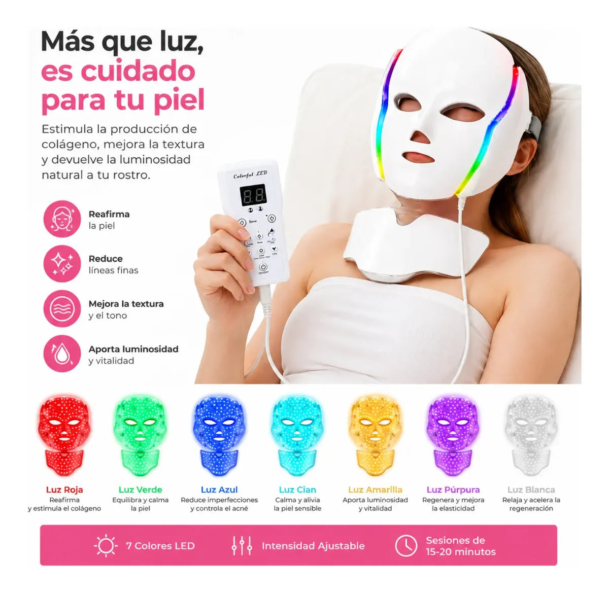 Máscara LED Facial 7 Colores Hyiear Fototerapia Rostro Cuello 192 LED