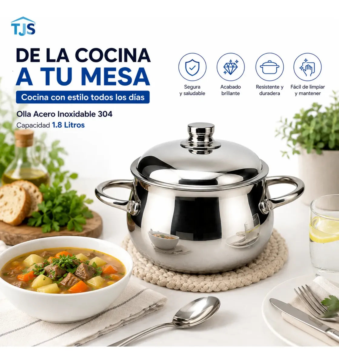 Olla Acero Inoxidable 304 Premium Perla 1.8 Litros Tapa Acabado Espejo