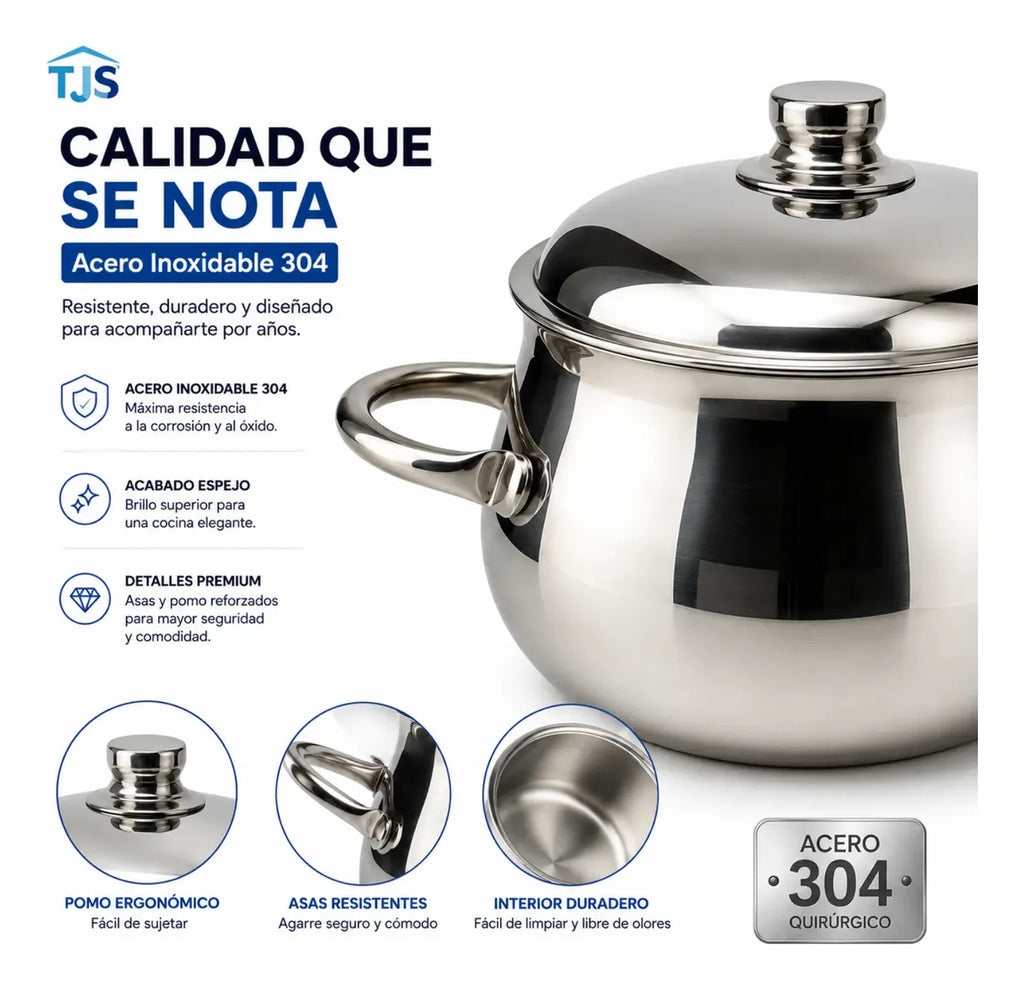 Olla Acero Inoxidable 304 Premium Perla 1.8 Litros Tapa Acabado Espejo