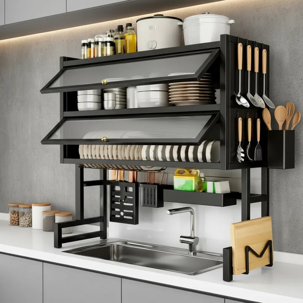 Escurridor Platos Organizador 65cm Doble Tapa Negro 2 Niveles Cocina