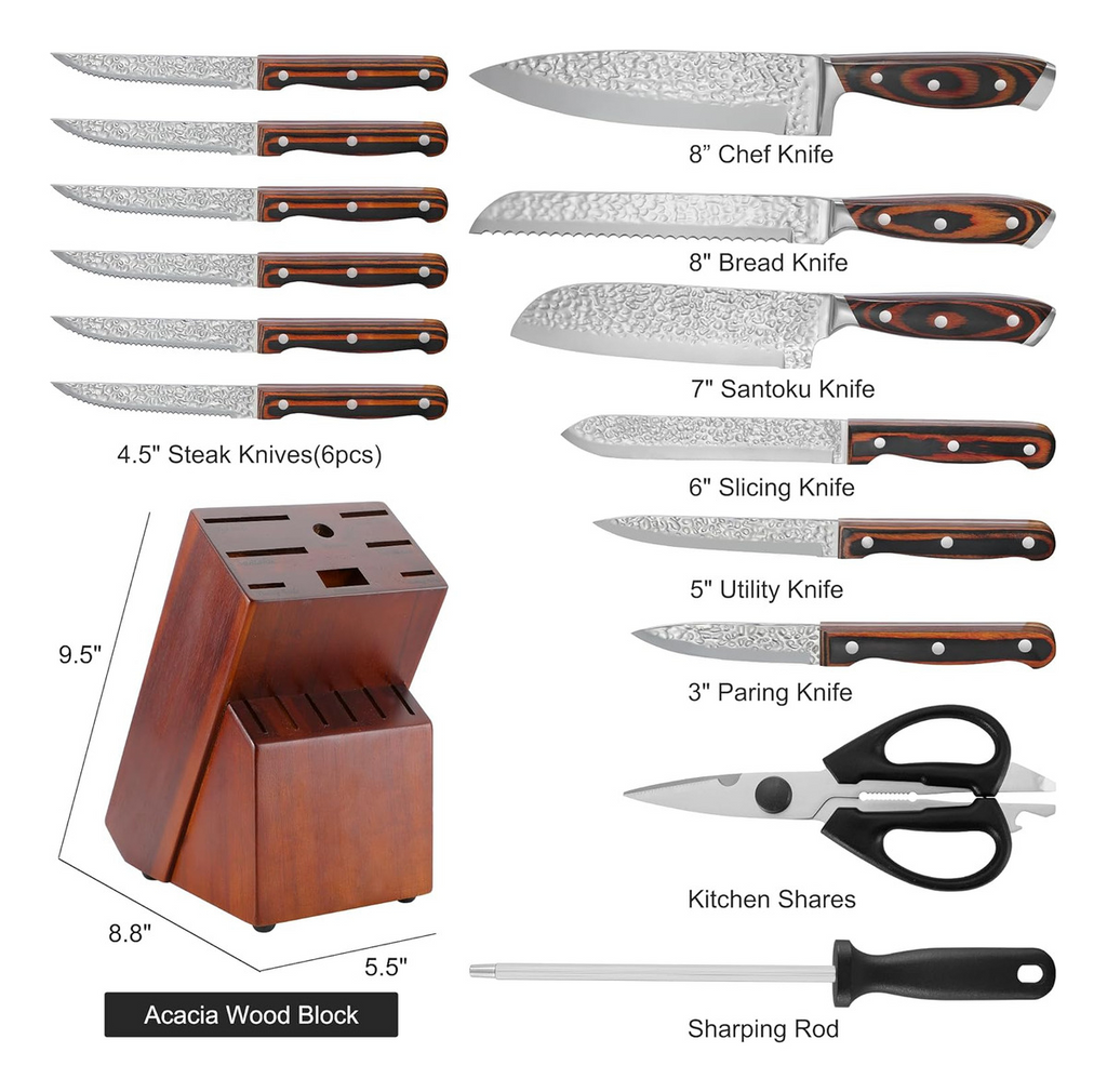 Juego Cuchillos Cocina 15 Piezas Acero Inoxidable Bloque Madera Chef