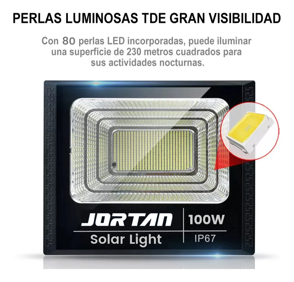 Reflector Solar LED 100W Jortan Exterior IP66 Panel Control Remoto