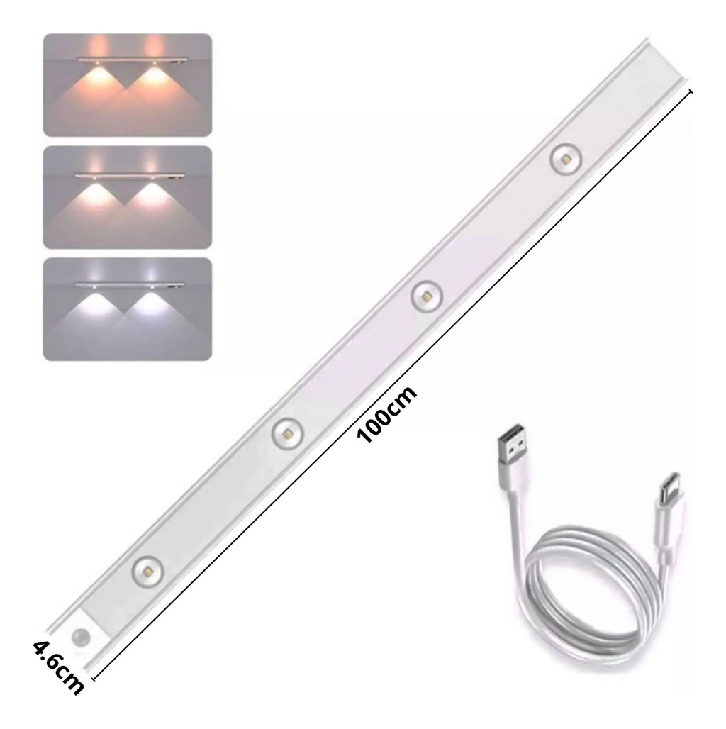Lámpara LED Sensor Movimiento Barra 100cm Recargable 3 Tonos Closet