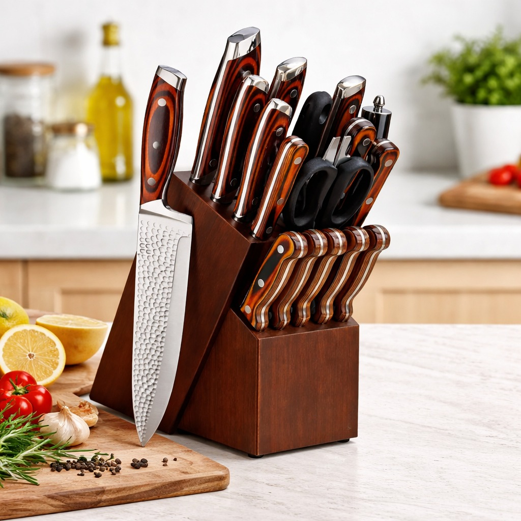 Juego Cuchillos Cocina 15 Piezas Acero Inoxidable Bloque Madera Chef