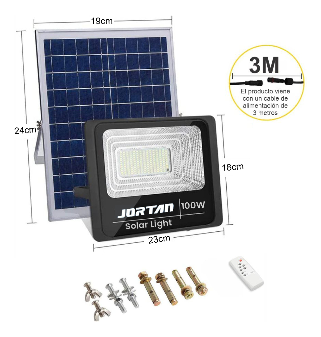 Reflector Solar LED 100W Jortan Exterior IP66 Panel Control Remoto