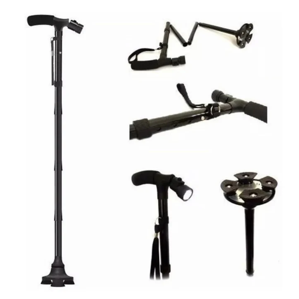 Bastón Plegable Luz LED Base 4 Puntos Articulada Antideslizante Adulto
