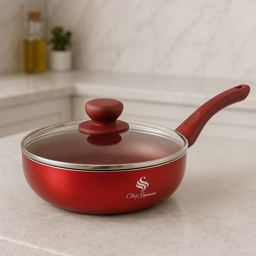 Batería Ollas Schaffhausen Red Velvet 9 Piezas Mármol Tapa Vidrio Wok