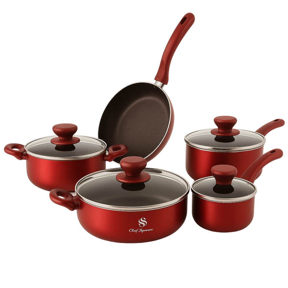Batería Ollas Schaffhausen Red Velvet 9 Piezas Mármol Tapa Vidrio Wok