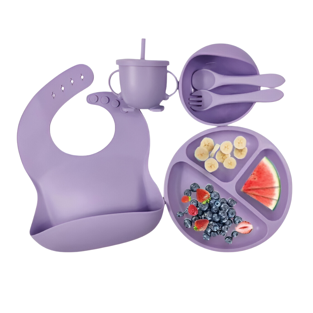 Vajilla Bebé Silicona Set Plato Ventosa Babero Vaso Cubiertos BPA