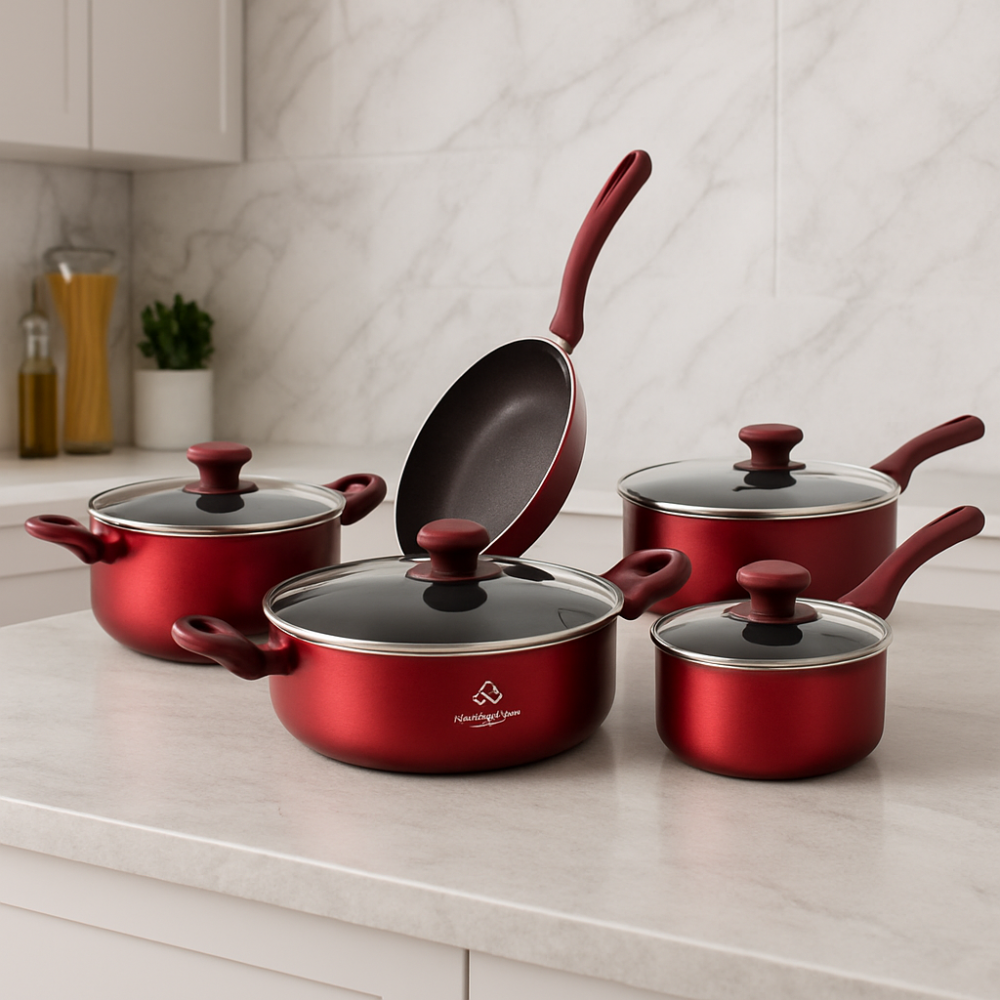 Batería Ollas Schaffhausen Red Velvet 9 Piezas Mármol Tapa Vidrio Wok