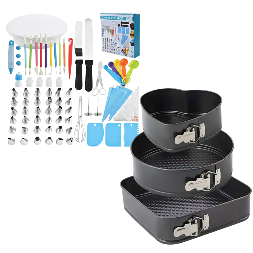 Combo Moldes Tortas 3 Piezas Kit Repostería 66 Piezas Base Giratoria