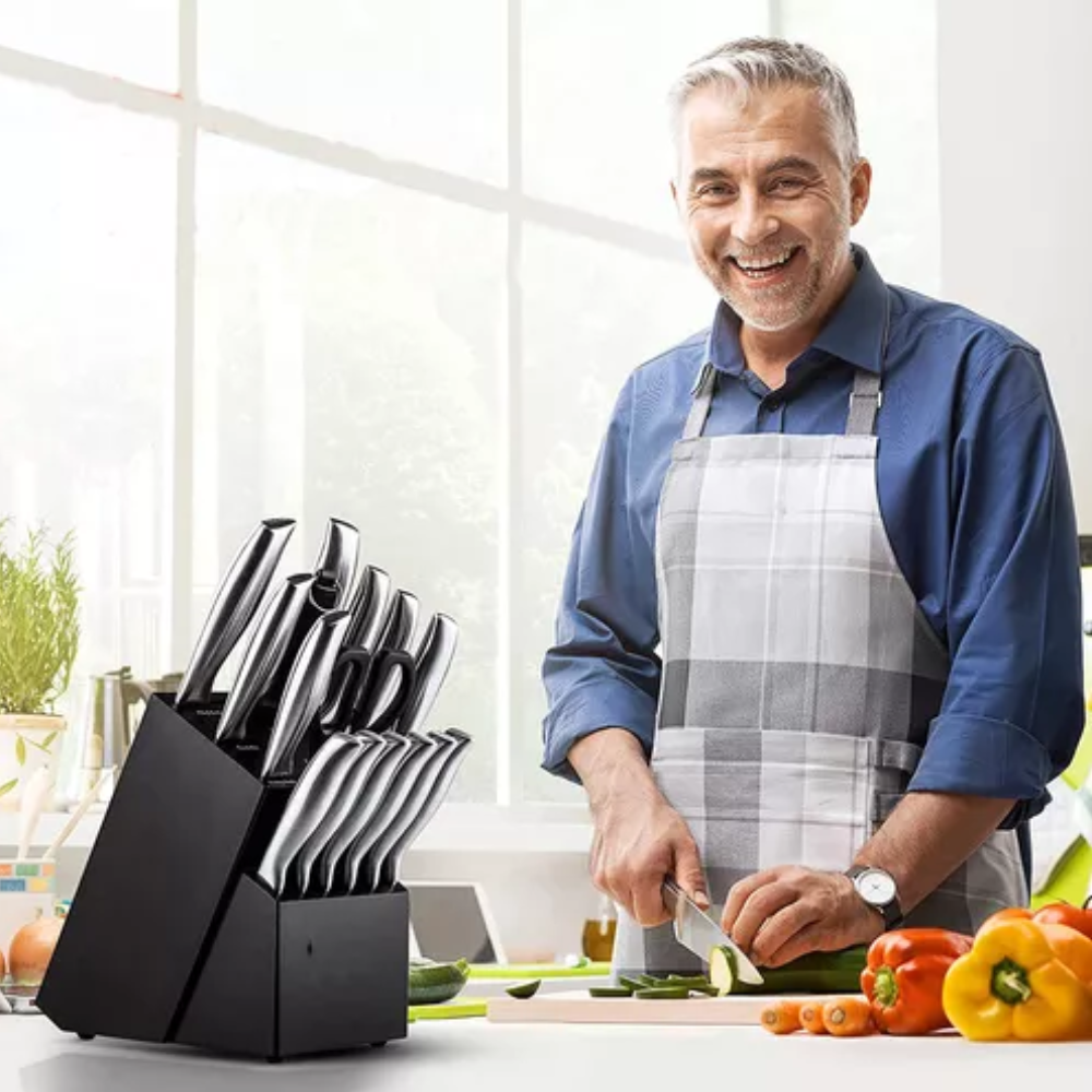Juego Cuchillos Cocina 15 Piezas Acero Inoxidable Base Madera K180