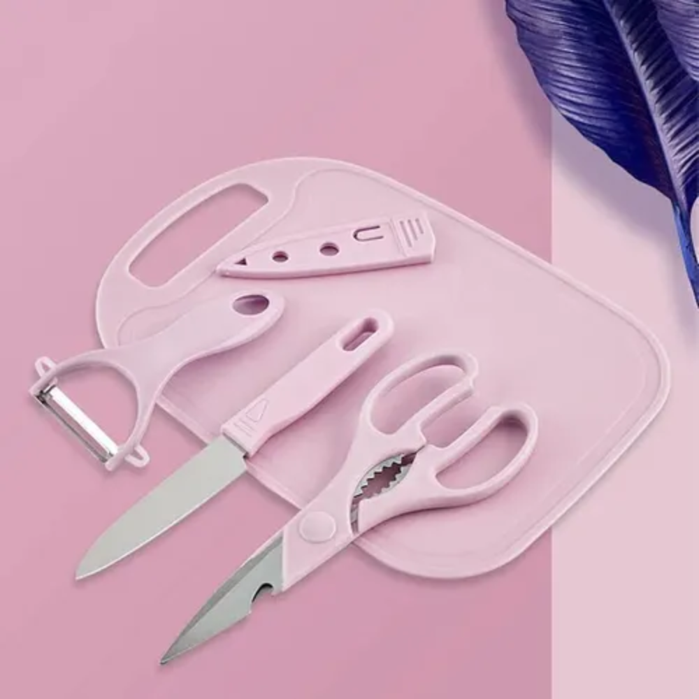 Kit Utensilios Cocina 4x1 Cuchillo Chef Funda Tabla Pelador Tijera