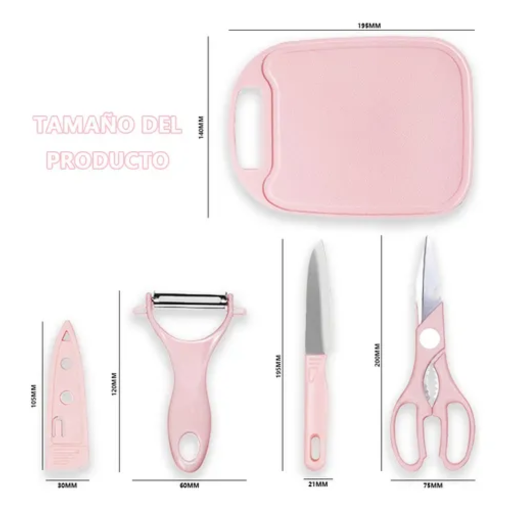 Kit Utensilios Cocina 4x1 Cuchillo Chef Funda Tabla Pelador Tijera
