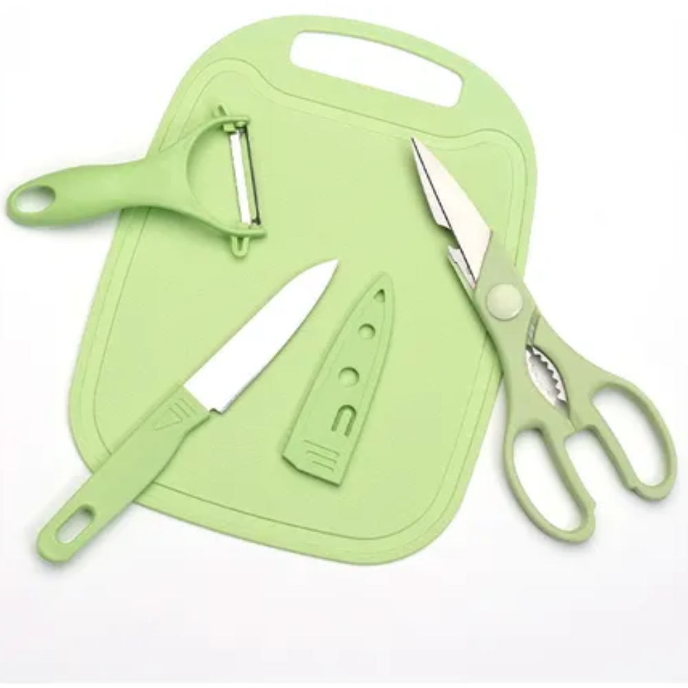 Kit Utensilios Cocina 4x1 Cuchillo Chef Funda Tabla Pelador Tijera