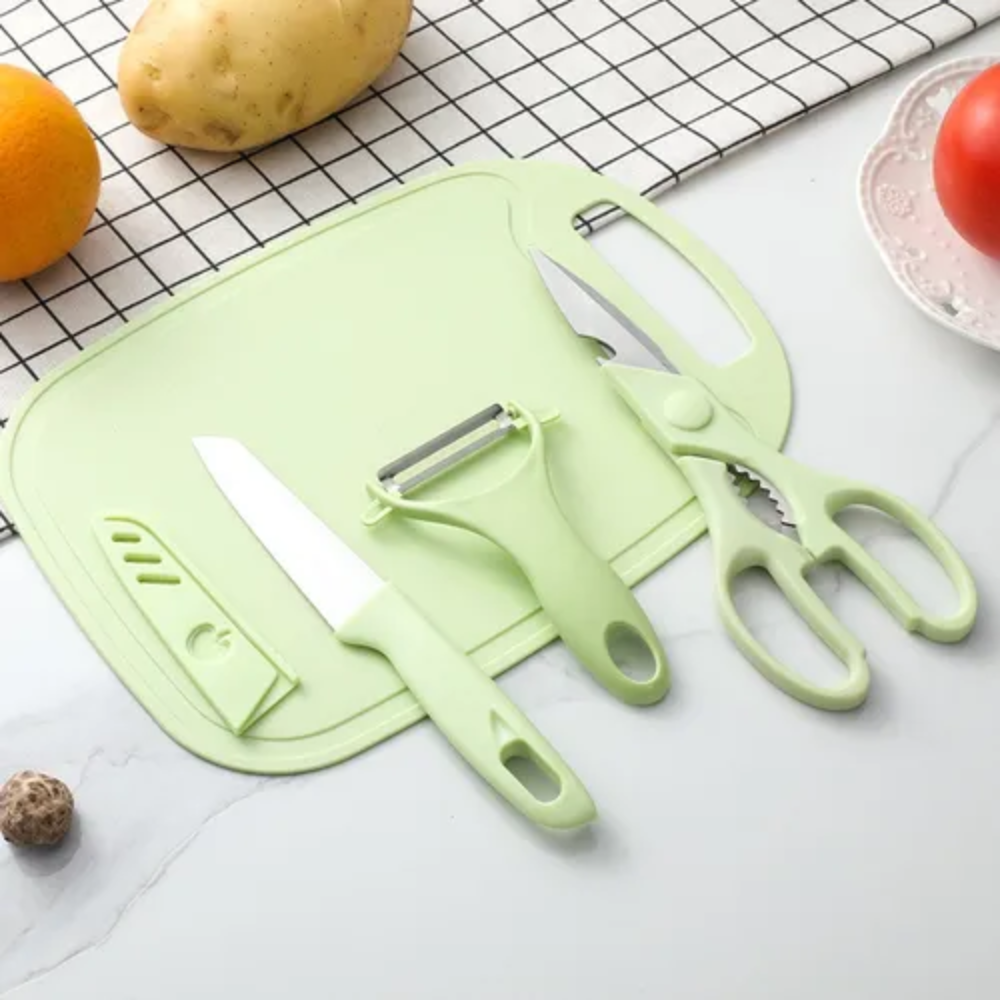 Kit Utensilios Cocina 4x1 Cuchillo Chef Funda Tabla Pelador Tijera