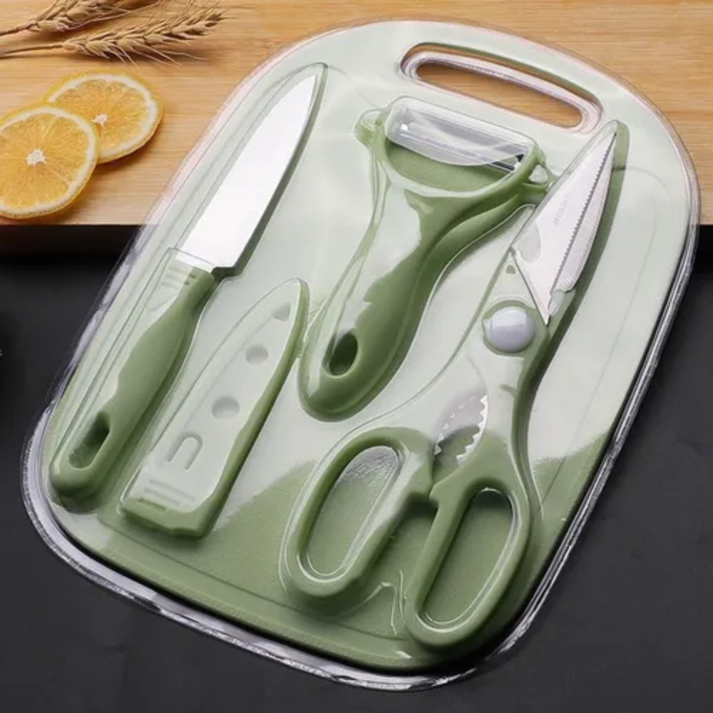 Kit Utensilios Cocina 4x1 Cuchillo Chef Funda Tabla Pelador Tijera