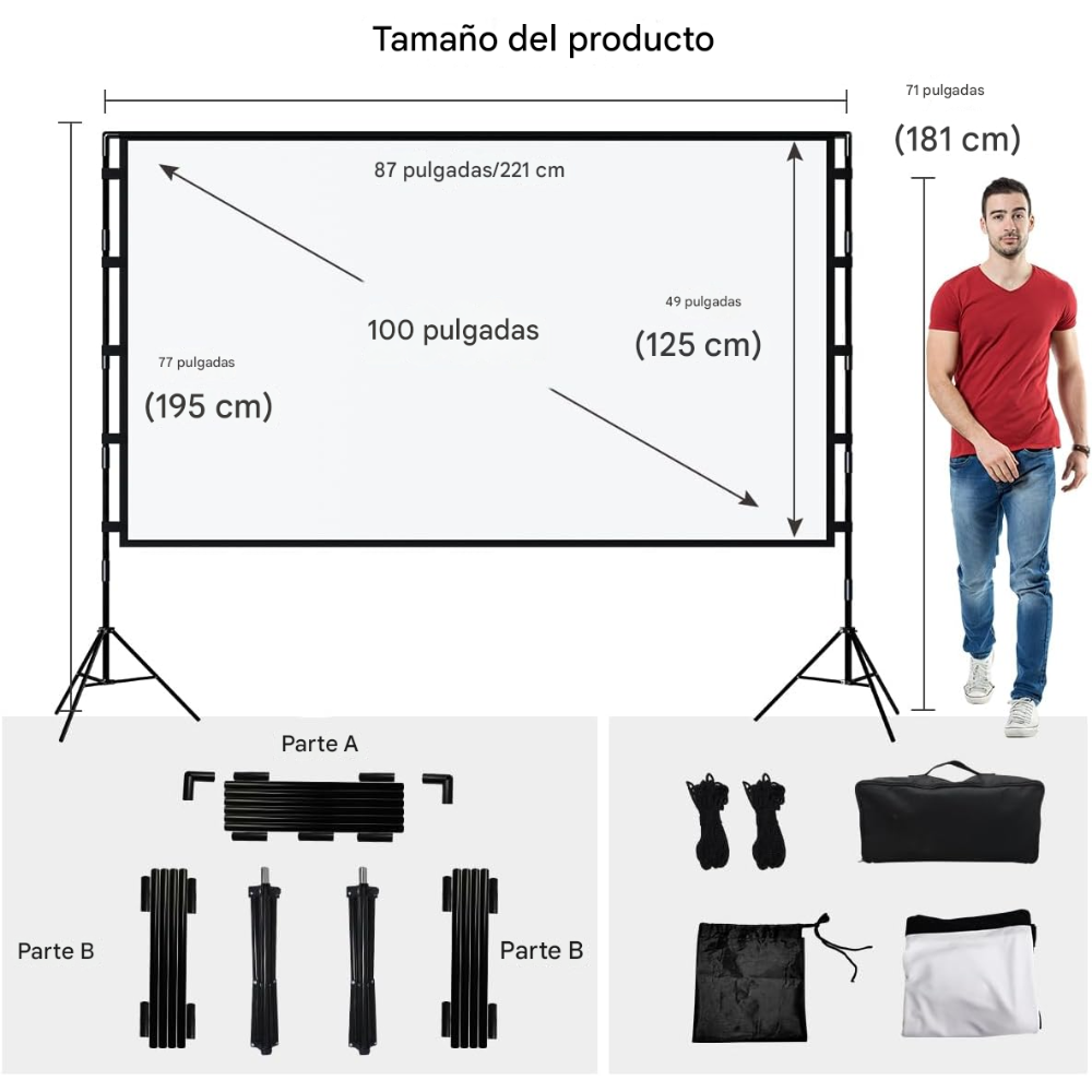 Telón Proyector 100 Pulgadas Trípode Maleta 16:9 Portátil 4K Exterior