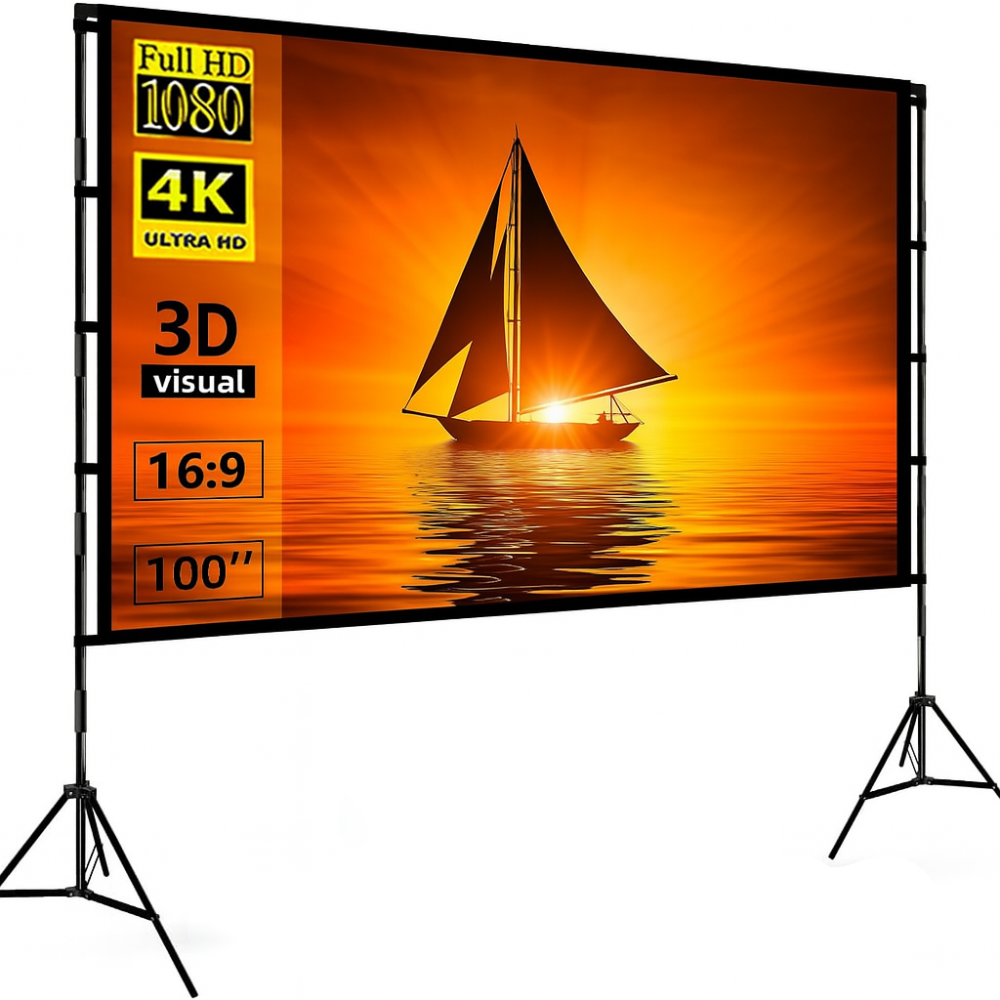 Telón Proyector 100 Pulgadas Trípode Maleta 16:9 Portátil 4K Exterior
