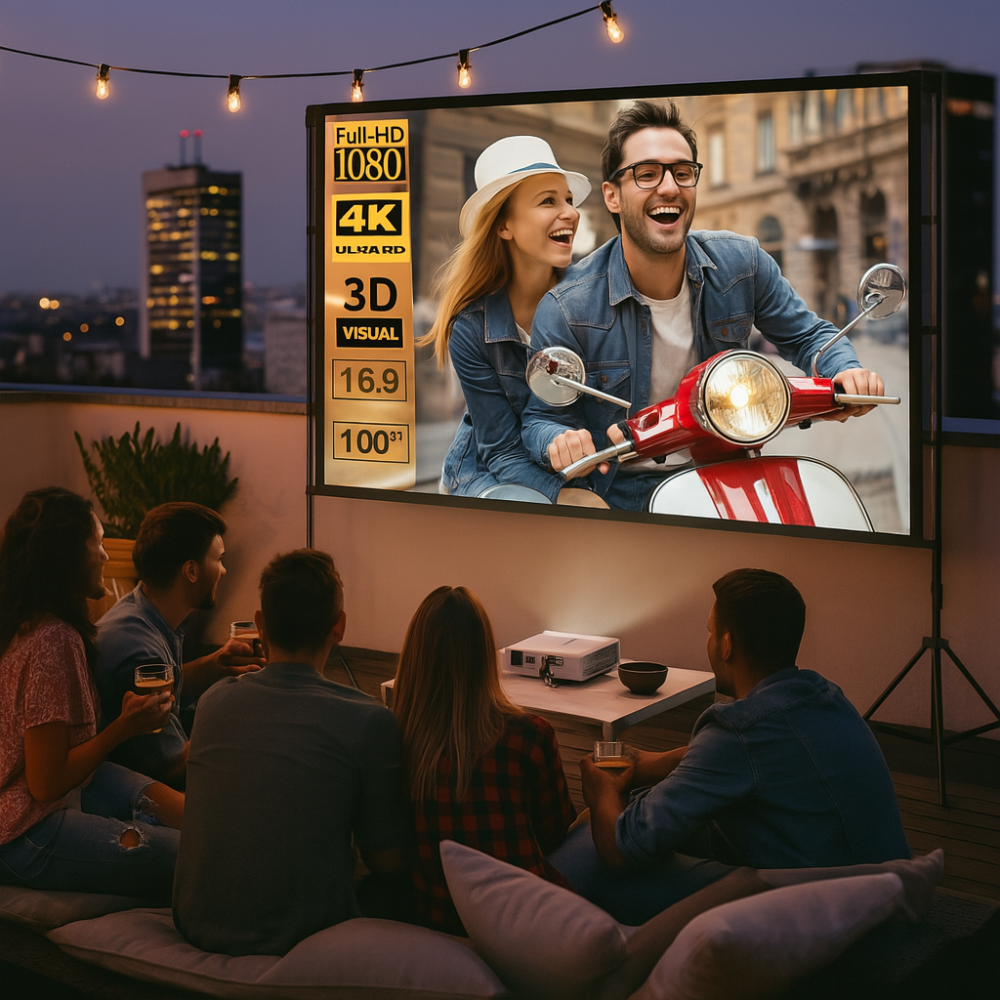 Telón Proyector 100 Pulgadas Trípode Maleta 16:9 Portátil 4K Exterior