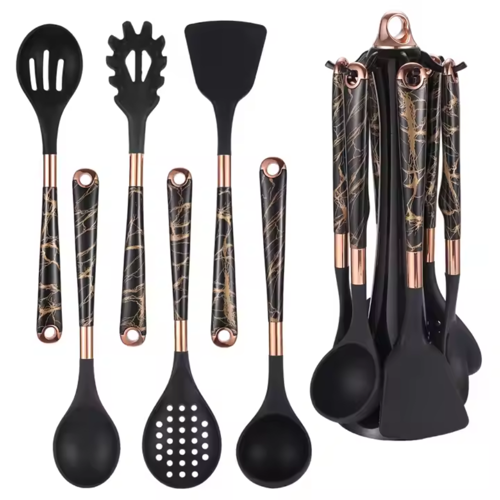 Set Utensilios Cocina Silicona 7 Piezas Base Soporte Libre BPA Calor