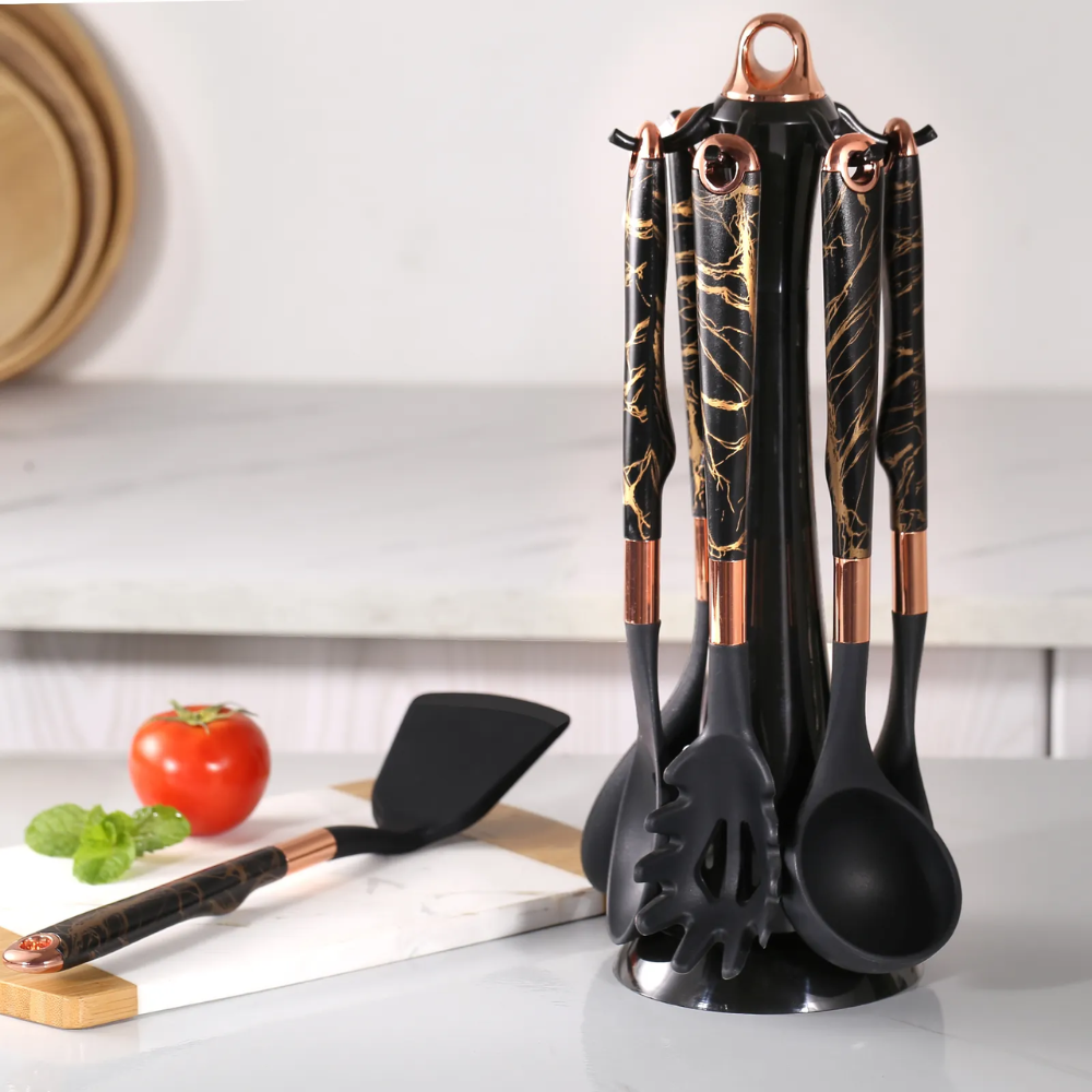 Set Utensilios Cocina Silicona 7 Piezas Base Soporte Libre BPA Calor