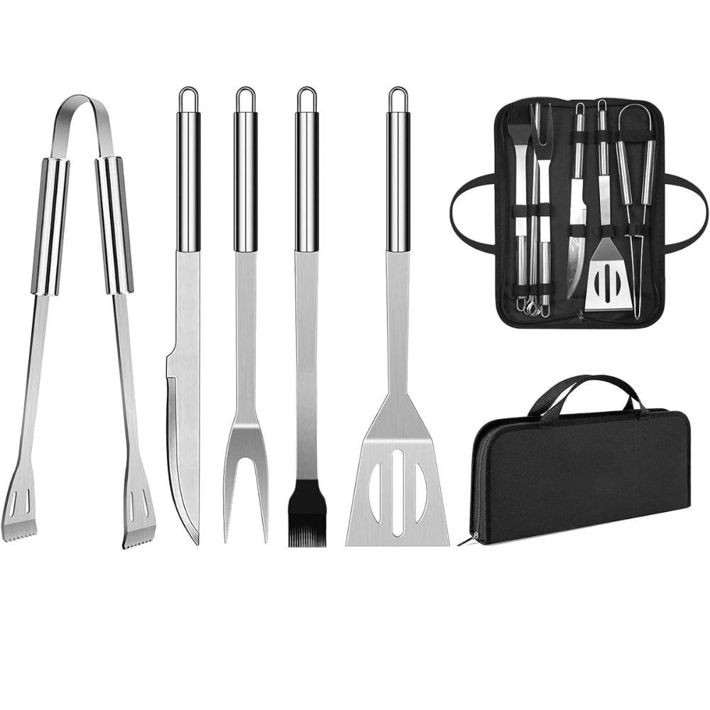 Kit Asados Parrilla BBQ 5 Piezas Acero Inoxidable Estuche Pinza