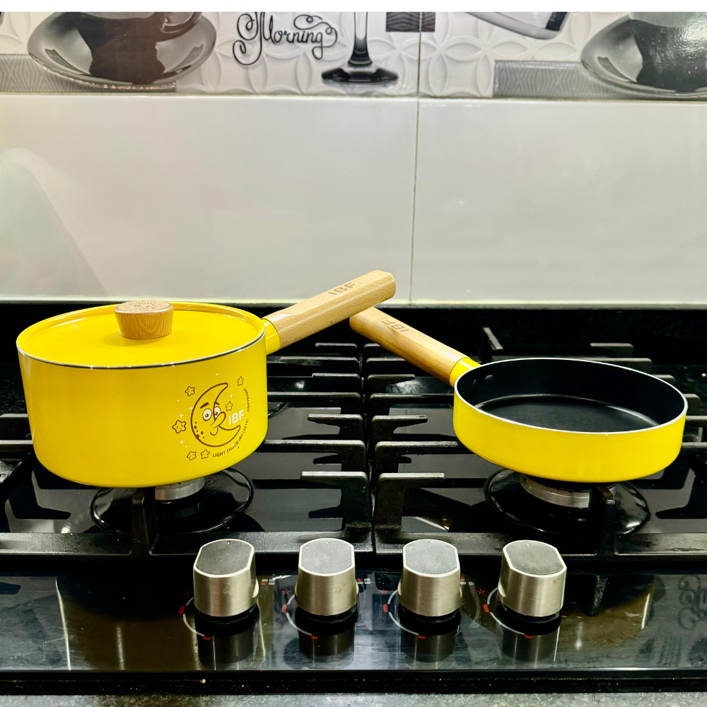 Juego Mini Sartén Olla 16cm Tapa Antiadherente Mango Madera Amarillo