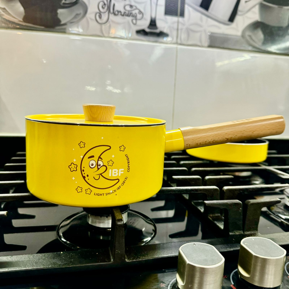 Juego Mini Sartén Olla 16cm Tapa Antiadherente Mango Madera Amarillo