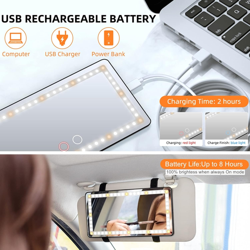 Espejo Maquillaje Carro Luz LED 3 Tonos Recargable USB Portátil