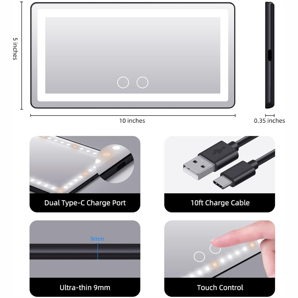 Espejo Maquillaje Carro Luz LED 3 Tonos Recargable USB Portátil