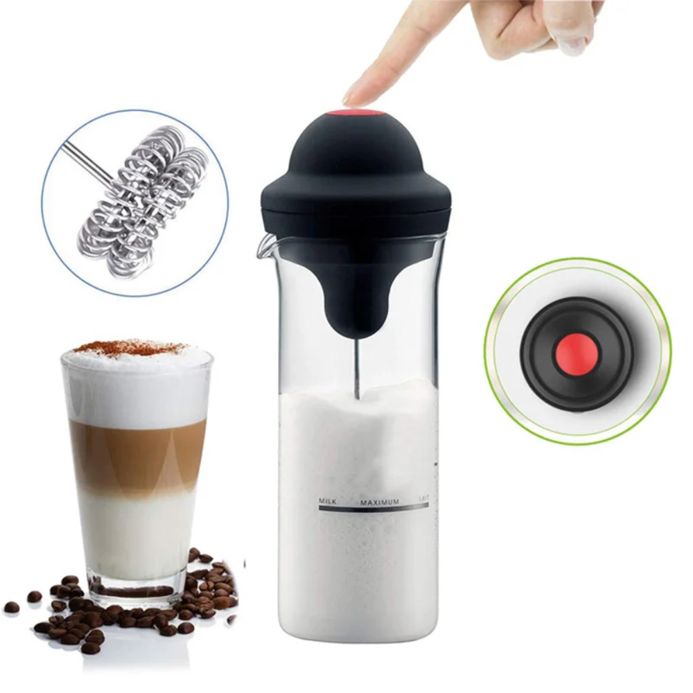 Espumador Leche Eléctrico Batidor Doble Vaso Vidrio Borosilicato 400ml