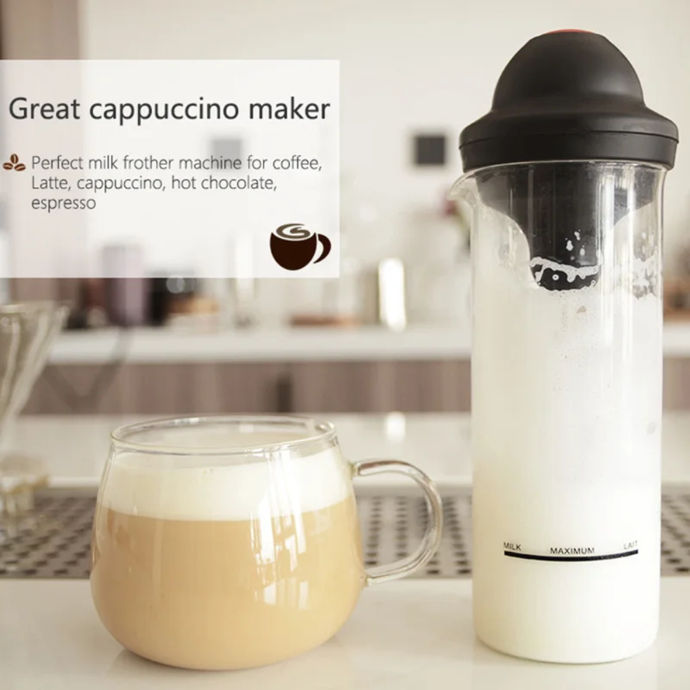 Espumador Leche Eléctrico Batidor Doble Vaso Vidrio Borosilicato 400ml