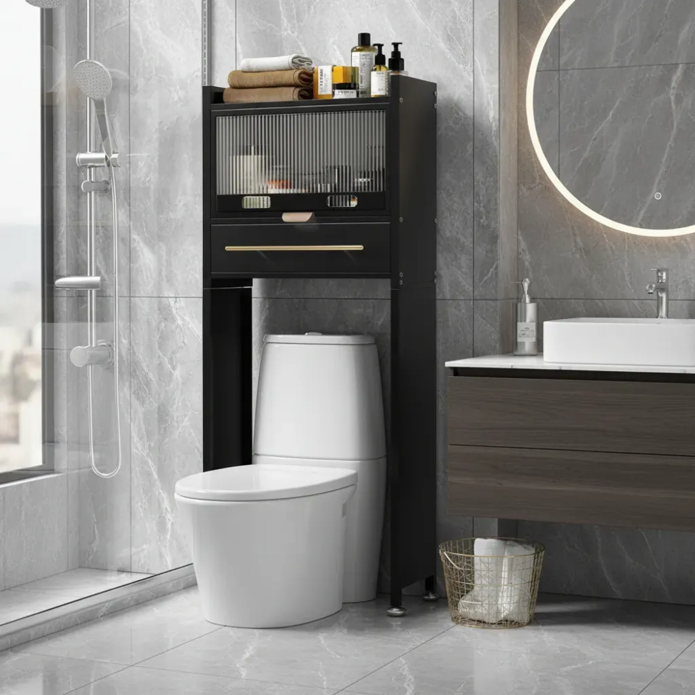 Mueble Organizador Baño Sobre Inodoro Estante Metálico Negro Cajón