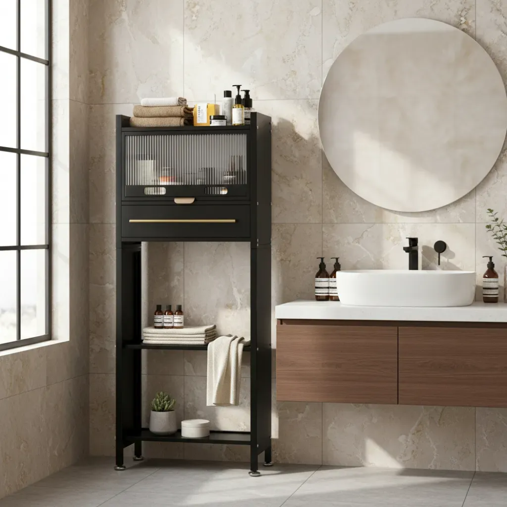 Mueble Organizador Baño Sobre Inodoro Estante Metálico Negro Cajón