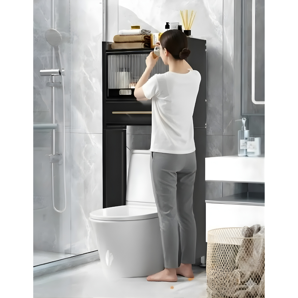 Mueble Organizador Baño Sobre Inodoro Estante Metálico Negro Cajón